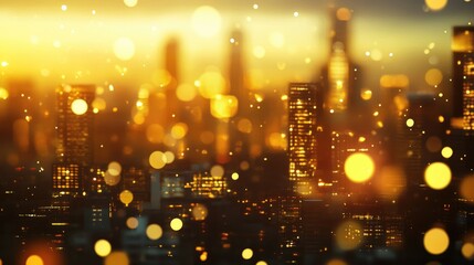 Poster - Golden lights illuminate skyscrapers and buildings in a futuristic cityscape at night, with a blurred foreground creating a sense of depth and movement. x
