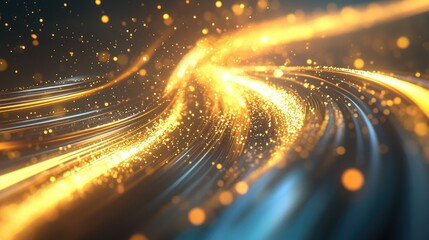 Poster - Golden particles and light trails swirling into an abstract vortex, creating a dynamic design that reflects energy, technology, and futuristic aesthetics.