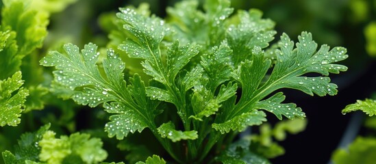 Close up of vibrant Selaginella involvens fern leaves adorned with water droplets showcasing natural freshness and lush greenery