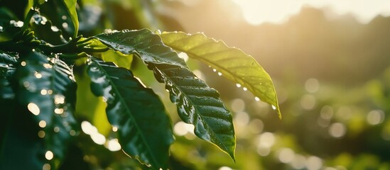 Poster - Coffee leaves glistening with water droplets under sunlight in a serene natural setting