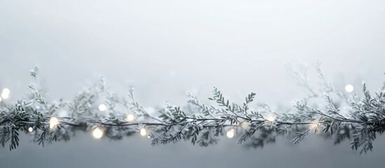 Poster - Illuminated garland with cold lights on a soft gray background creating a serene winter ambiance ideal for festive themes.