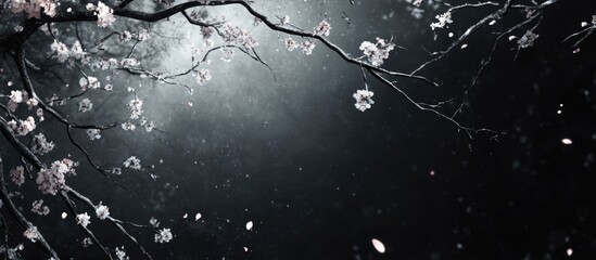 Aufkleber - Cherry blossom tree branches with dark background and space for text, ideal for spring themes and nature-related designs.