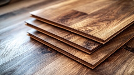 Poster - Close up of stacked wooden planks showcasing textured flooring with natural tones and empty space for custom text or branding