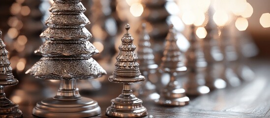 Poster - Intricate metallic silver Christmas trees with candlesticks arranged artistically on a table enhancing winter holiday decor aesthetics
