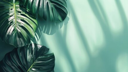 Poster - Tropical palm leaves casting shadows on a green background with ample space for text and design elements in a serene jungle setting.