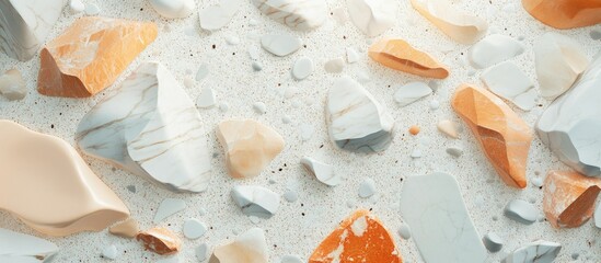 Poster - Terrazzo pattern with chips of marble and granite in a top view background showcasing a blend of beige, white, and orange tones.