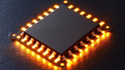 Fototapete - Microchip close-up with illuminated connections against a dark background ideal for technology-themed advertisements or informational content.