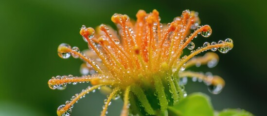 Poster - Macro shot of a vibrant flower with water droplets showcasing intricate details in petals and stamen against a blurred green background.