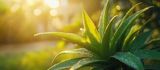 Poster - Close up of vibrant green plant leaves with sunlight glistening in a serene park setting showcasing nature's beauty and tranquility