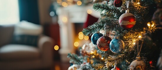 Poster - Close up of festive Christmas tree adorned with colorful ornaments and twinkling lights creating a warm holiday atmosphere