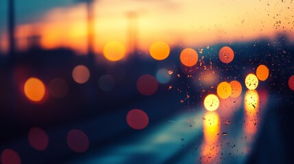 Aufkleber - Raindrops cling to a window as warm city lights reflect in a haze at dusk, capturing the vibrant pulse of urban life during a rainy evening
