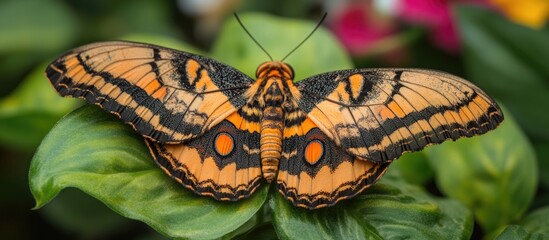 Aufkleber - Calinaga buddha sudassana butterfly displaying vibrant orange and black patterns resting on green foliage amidst colorful flowers.