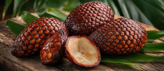 Aufkleber - Exotic snake fruit salak with thorny skin and creamy flesh on rustic wooden background showcasing tropical flavors of Indonesia.
