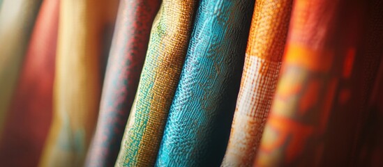 Fototapete - Textured closeup of vibrant colorful curtains for interior design and creative projects background use
