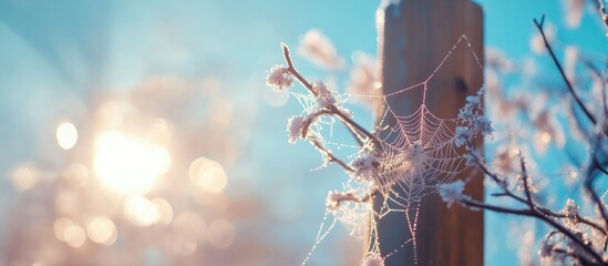 Poster - Cobweb decorations glistening on branches and posts with sunlight streaming through against a blue sky in shallow depth of field