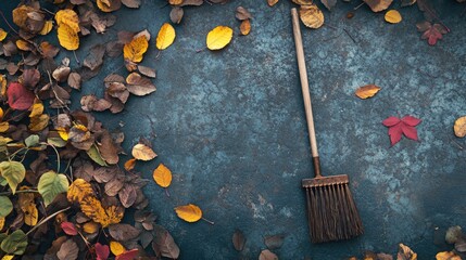 Poster - Close up of a broom on a textured surface surrounded by colorful autumn leaves with ample empty space for promotional text or messages