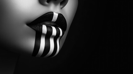 Poster - Minimalist close-up of lips featuring vertical black and white stripes with ample space for text or branding in a monochromatic design
