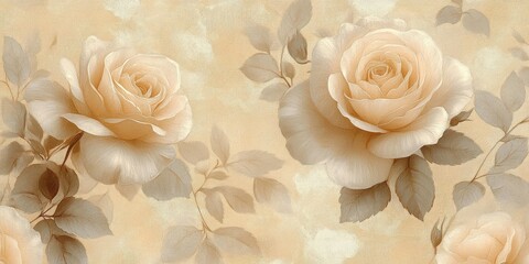 Poster - Floral Pattern Soft White Roses Watercolor Design Vintage Wall Decor Background