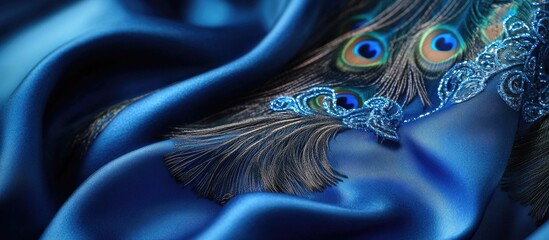 Poster - Close up of vibrant peacock tail feathers beautifully displayed against a rich blue fabric background creating an elegant visual contrast.