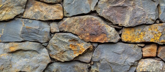 Wall Mural - Detailed texture of a rustic stone wall showcasing natural colors and variations in rock formations for architectural or design use.