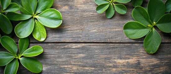 Poster - Butea Monosperma Leaves Arrangement on Rustic Wooden Surface with Natural Textures