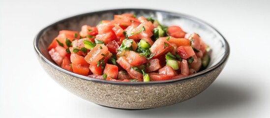 Poster - Bowl of fresh chopped tomatoes and green peppers on a white background showcasing vibrant colors and textures for culinary presentations