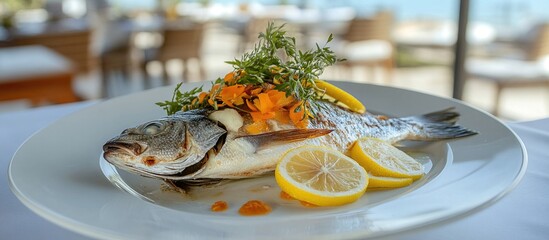 Poster - Fresh bream garnished with herbs and lemon slices on a white plate ready for cooking in a fine dining setting