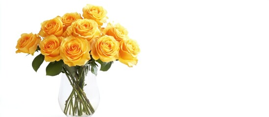 Poster - Vibrant yellow roses arrangement in a clear vase with white background perfect for floral design and decoration concepts.