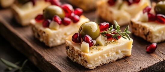 Poster - Cheese canapÃ©s topped with olives and pomegranate seeds served on a rustic wooden tray close-up shot