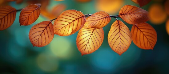 Poster - Copper beech tree leaves in vibrant autumn colors showcasing intricate textures and a blurred background enhancing their beauty.