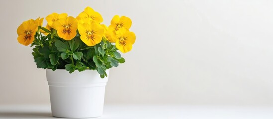 Leinwandbilder - Vibrant yellow pansy flowers in a white pot on a light background ideal for nature or floral themes in advertising and design applications