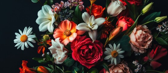 Poster - Vibrant floral bouquet featuring a variety of colorful blossoms on a dark background creating a striking contrast and elegant composition