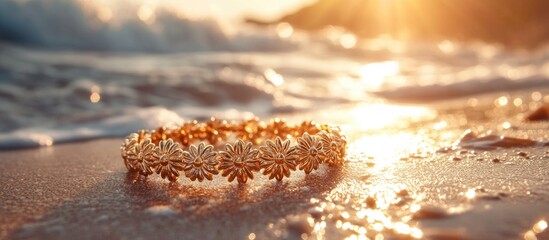 Poster - Elegant sunlit bracelet resting on sandy beach with gentle waves, capturing a moment of natural beauty and tranquility.