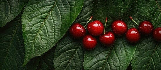 Aufkleber - Fresh red cherries arranged on vibrant green leaves creating a natural and inviting composition suitable for food-related themes.