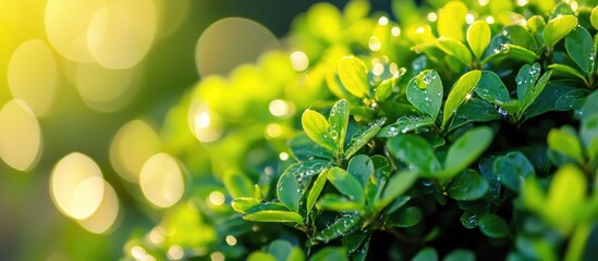 Poster - Closeup of vibrant green foliage glistening with dewdrops in soft focus showcasing nature's serene beauty and freshness.
