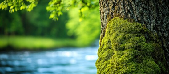 Poster - Moss-covered tree trunk beside a serene river with vibrant greenery in the background showcasing nature's tranquility and beauty.