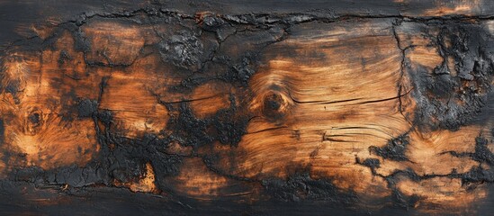 Poster - Detailed close-up of a burnt wooden log showcasing texture and charred patterns ideal for backgrounds or design projects.