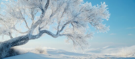 Poster - Frosty branches of a tree in a winter landscape with snow and ice reflecting serene nature beauty on a clear sky background