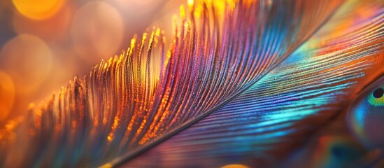 Poster - Vibrant close-up of peacock tail feathers showcasing rich colors and intricate patterns with a soft bokeh background.