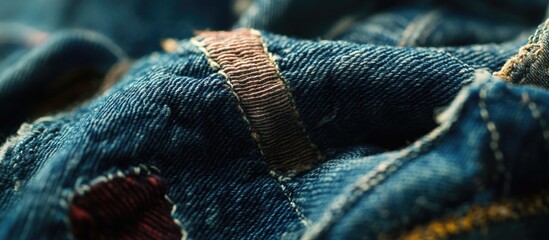 Poster - Detailed texture of worn blue jeans showcasing fabric variations and stitching close-up for fashion and textile design use.