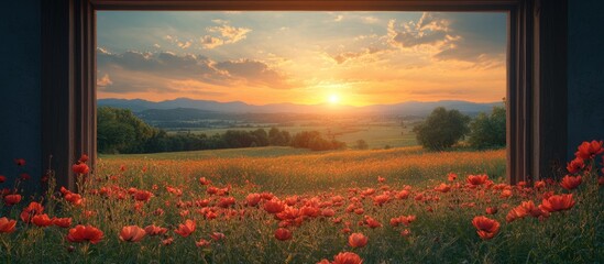 Poster - Peaceful Summer Landscape at Golden Hour Framed with Vibrant Flowers and Expansive Sky Perfect for Text Addition