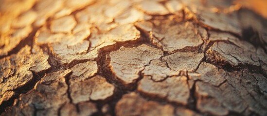 Poster - Detailed bark texture with natural cracks illuminated by warm sunlight highlighting the organic patterns and earthy tones.