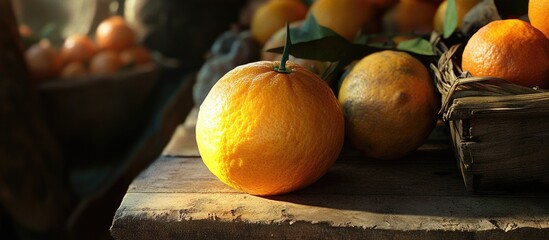 Poster - Freshly harvested yellow oranges displayed at a market on wooden surfaces in natural light showcasing vibrant colors and textures.