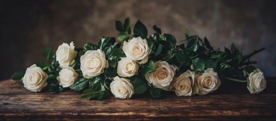 Poster - Elegant arrangement of fresh white roses with lush green leaves on a rustic wooden table against a soft textured background.