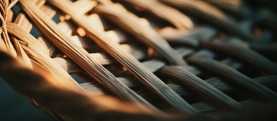 Poster - Beige wicker basket closeup showcasing intricate woven patterns ideal for abstract backgrounds or textures.