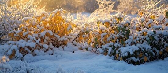 Poster - Snow-Covered Bushes with Yellow and Green Leaves Under Soft Winter Light
