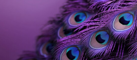Poster - Close up of vibrant purple ornamental peacock feathers with a blurred background perfect for text overlay and decorative design elements