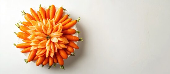 Poster - Carrot cake creatively arranged with fresh carrots on a white background ideal for culinary advertising and promotional use.