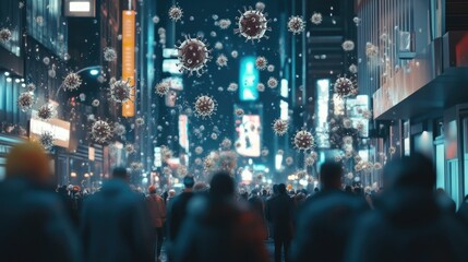 Poster - In a crowded city street at night, coronavirus particles are dispersed through the air, depicting the concept of viral spread in busy urban environments.