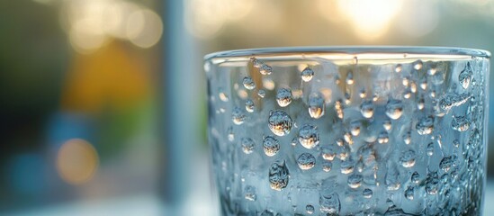 Poster - closeup of a decorative glass showcasing condensation droplets against a blurred background of natur